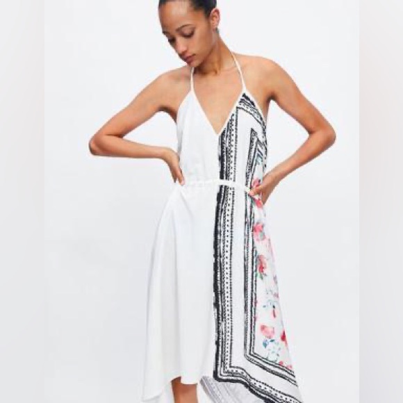 ZARA Combined Asymmetric Halter V-Neck Dress Rose Print Black/White/Red Sz S NEW - Picture 3 of 6